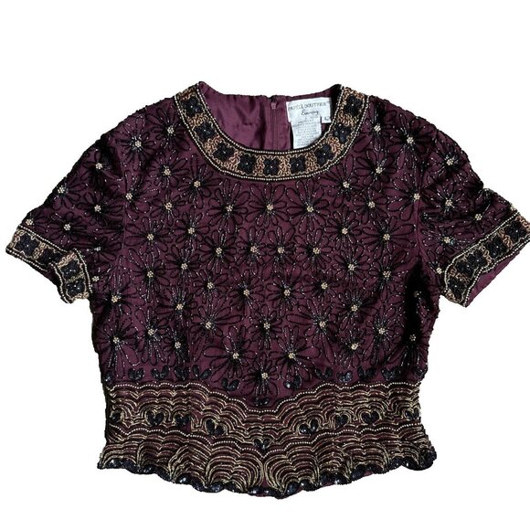 2/$18 SALE! ADRIANNA PAPELL Evening Top Womens L Beaded Burgundy Floral‎ Silk - Picture 1 of 10